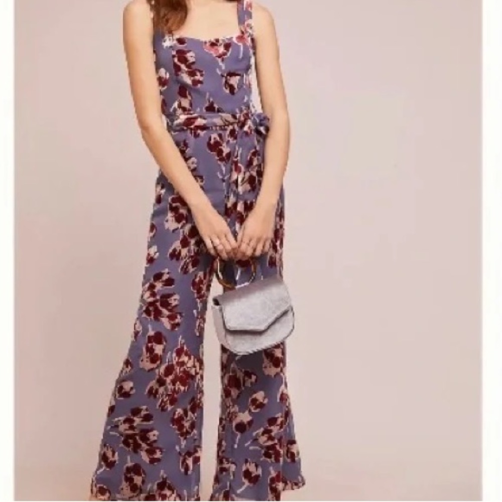 Anthropologie Moulinette Soeurs Velvet Burnout Jumpsuit Purple Motif